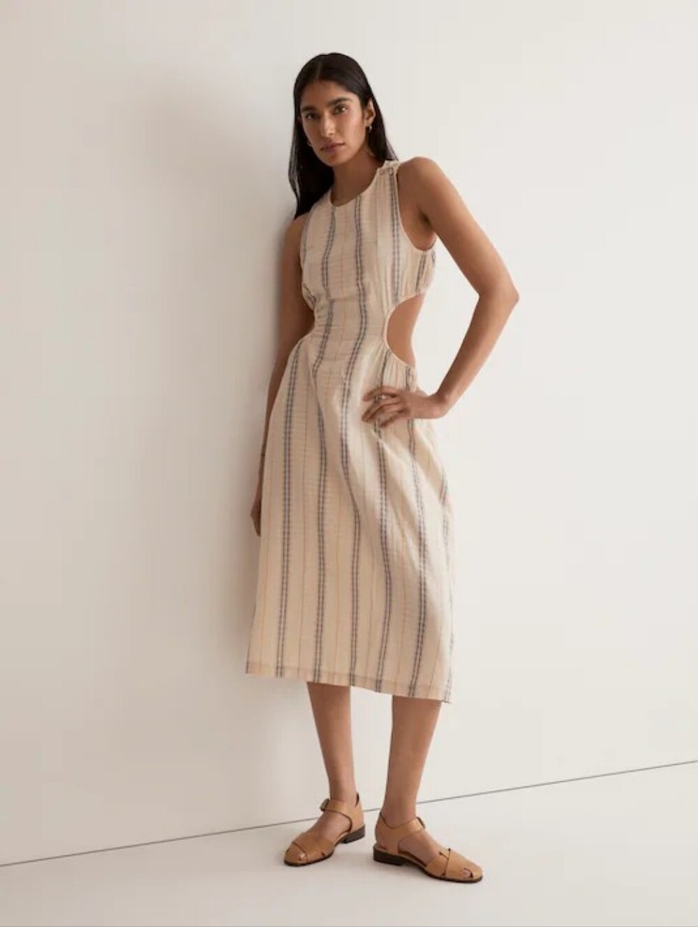 Madewell Lighthouse Textural Stripe Cotton Cutout Midi Dress L